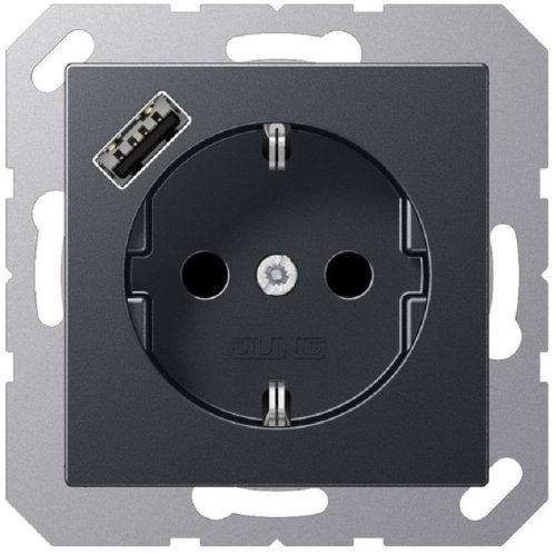 Розетка с заземлением +1хUSB тип A без рамки Jung EcoProfi 1-м. антрацит фото Розетка с заземлением +1хUSB тип A без рамки Jung EcoProfi 1-м. антрацит картинка